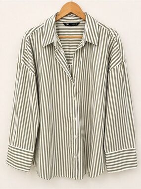 Zara Olive & White Vertical Stripe Button-Down Shirt